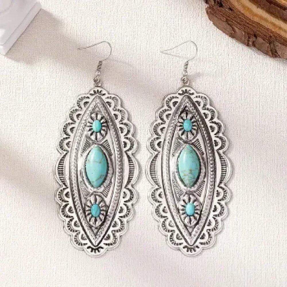 Vintage Tibetan Tibet Turquoise Dangle 4" Hook 925 Sterling Silver  SG-0089